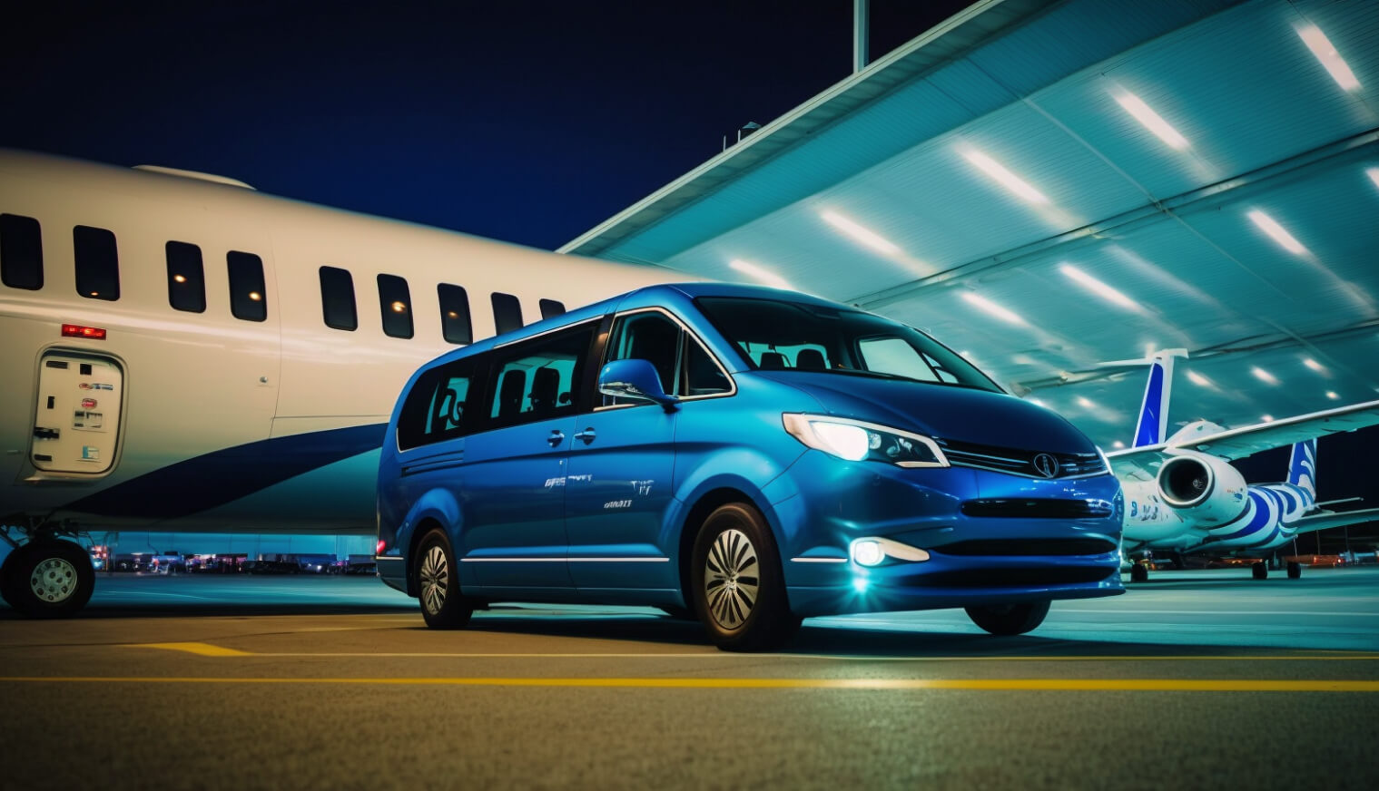 Mini-van with an airplane, in front of an airport, airport transfers